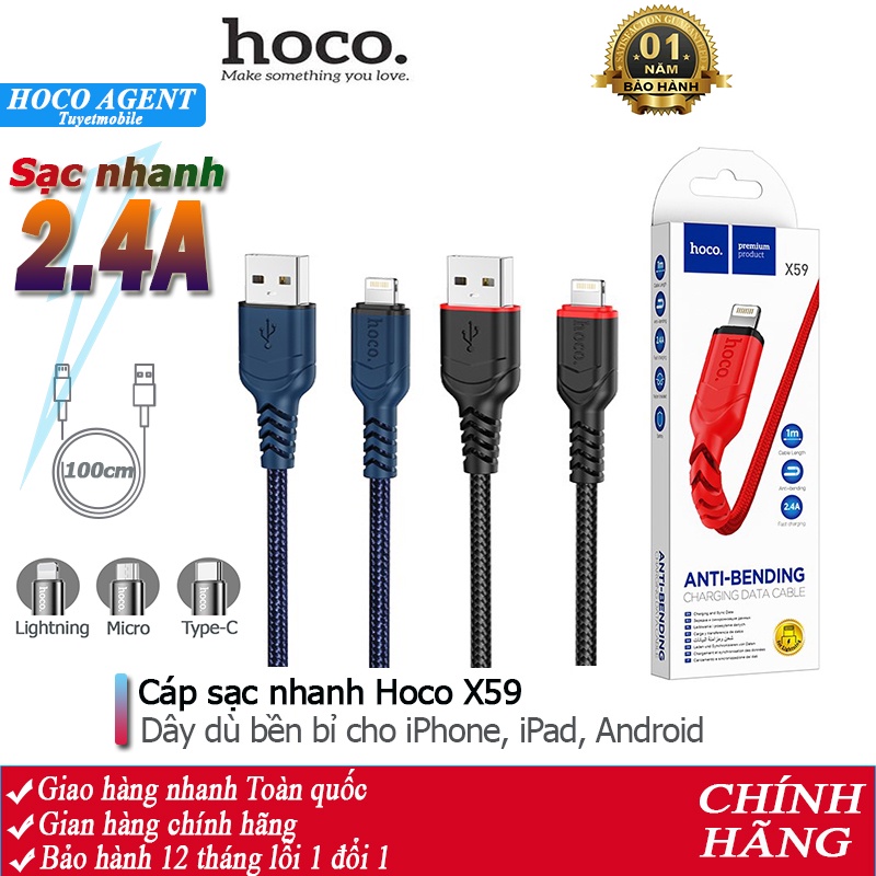 Cáp sạc nhanh Hoco X59 dây dù sạc full iPhone/ Android/ iPad dây truyền tải  dữ liệu dài 1m - Chính hãng | Shopee Việt Nam