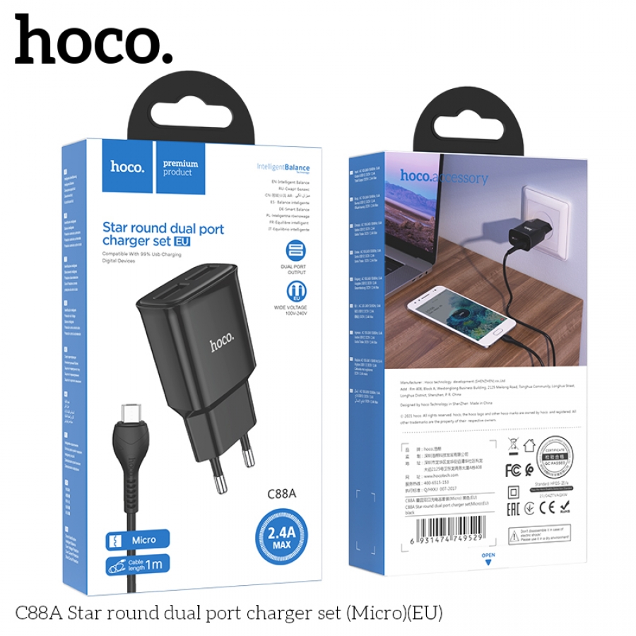 BỘ SẠC MICRO HOCO C88A  2 CỔNG USB
