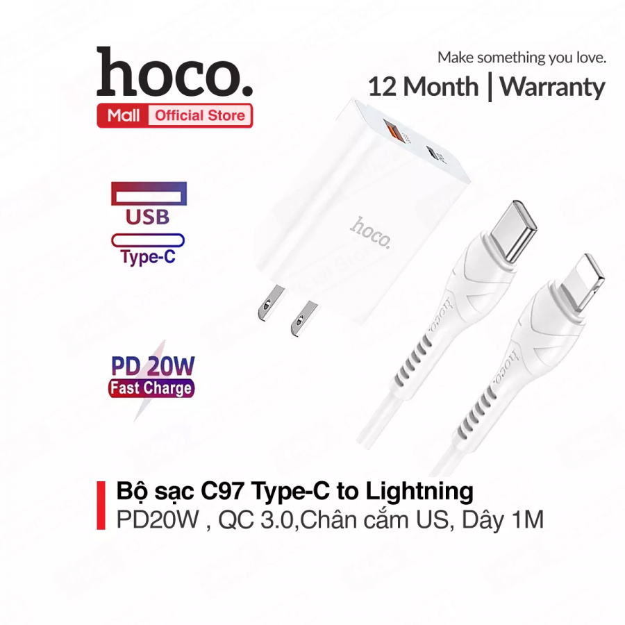 Bộ sạc Hoco C97 QC3.0+PD Type C ra Lightning