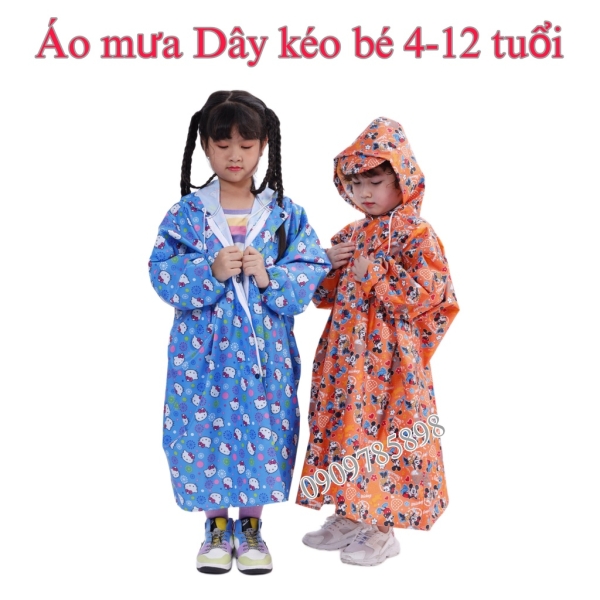 Áo mưa kara vải dù dây kéo trẻ em Size S cao 90-110cm