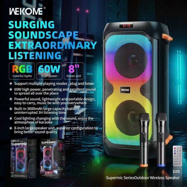 Loa Bluetooth Karaoke. LED RGB Wekome D39 kèm 2 mic