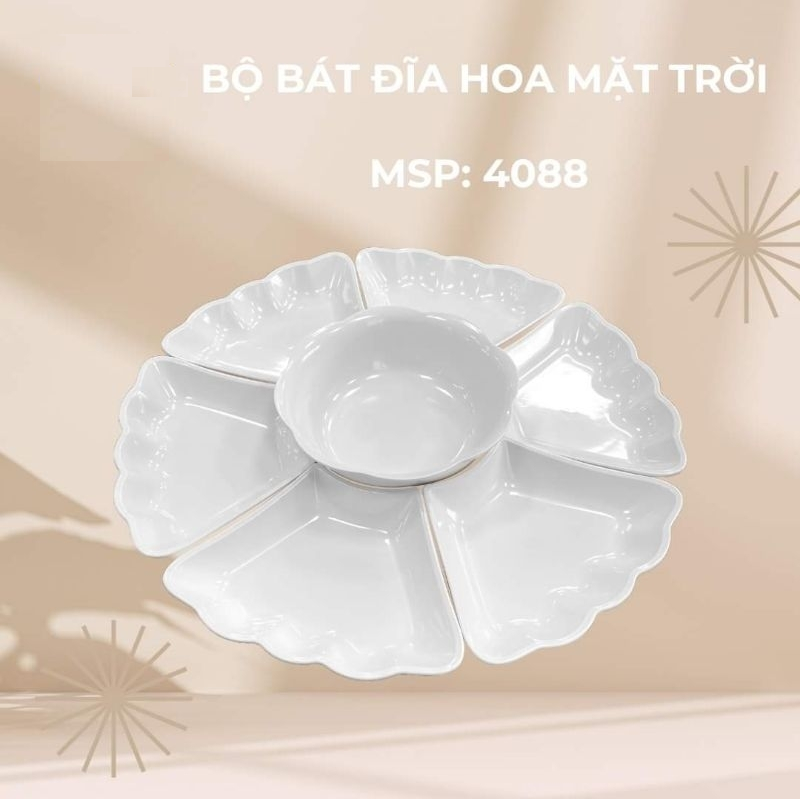 Bộ bát đĩa hoa mặt trời nhựa ABS trắng