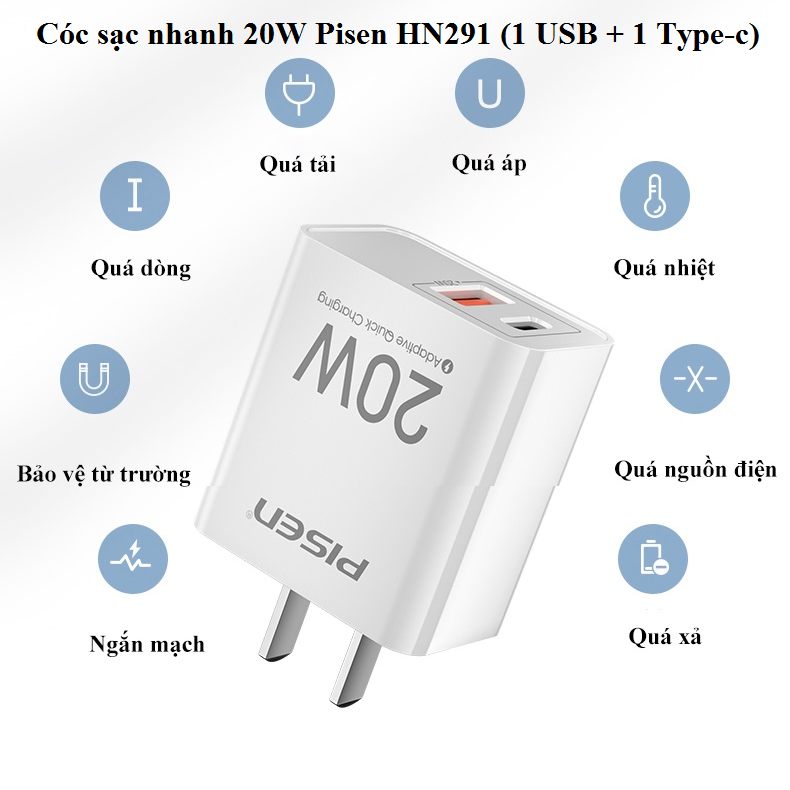 Cóc sạc nhanh 20W Pisen HN291 (1 USB + 1 Type-c) VN/PU