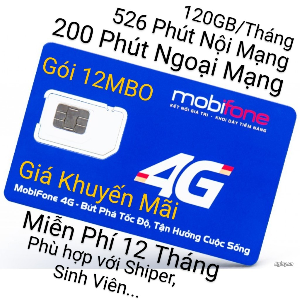 Sim mobi 4G 120GB/Tháng x 12 Tháng. 526 nội mạng/tháng. 200 ngoại mạng/tháng