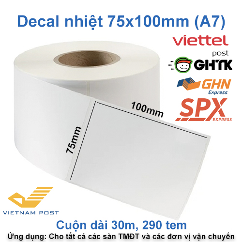 Giấy In Nhiệt Decal A7 / 75 x 100mm. Cuộn 300 Tem