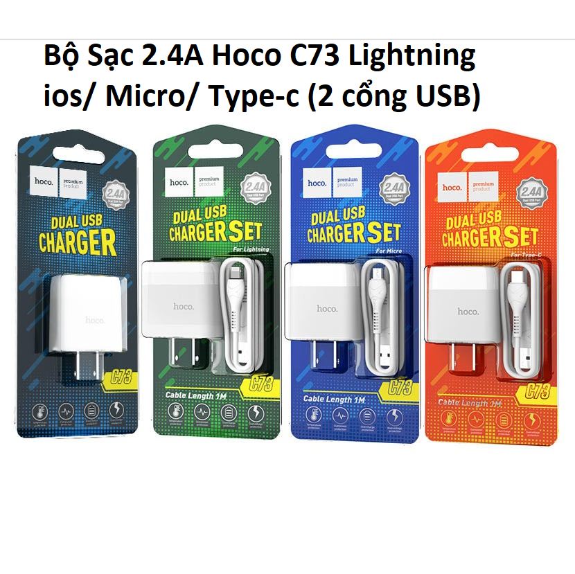 Bộ Sạc 2.4A Hoco C73 Lightning ios (2 cổng USB)