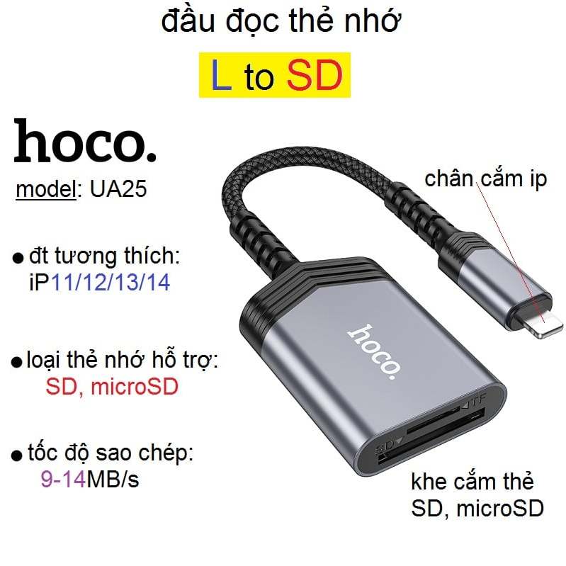 Đầu đọc thẻ nhớ SD/ microSD Hoco UA25 Cổng Lightning ios