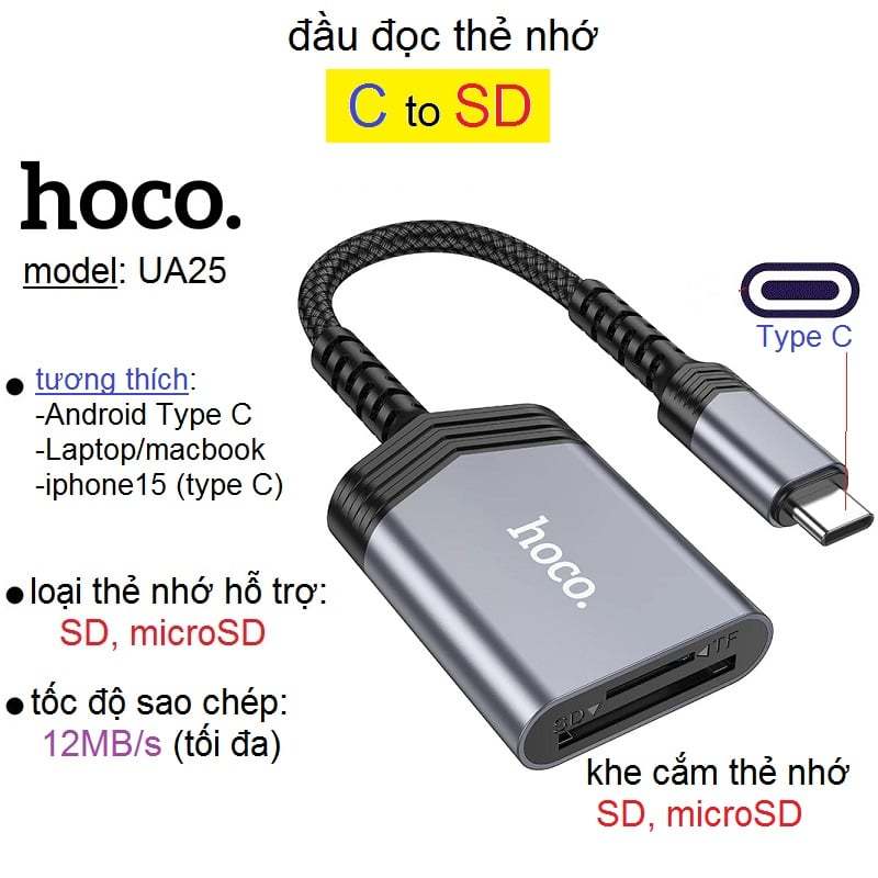 Đầu đọc thẻ nhớ SD/ microSD Hoco UA25 Cổng Type-c