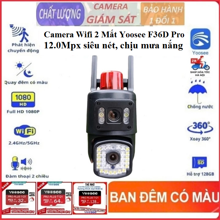 Camera Wifi 2 Mắt Yoosee F36D Pro 12.0Mpx Siêu Nét, Góc Rộng, Chịu Mưa Nắng, Có Màu Ban đêm (T)