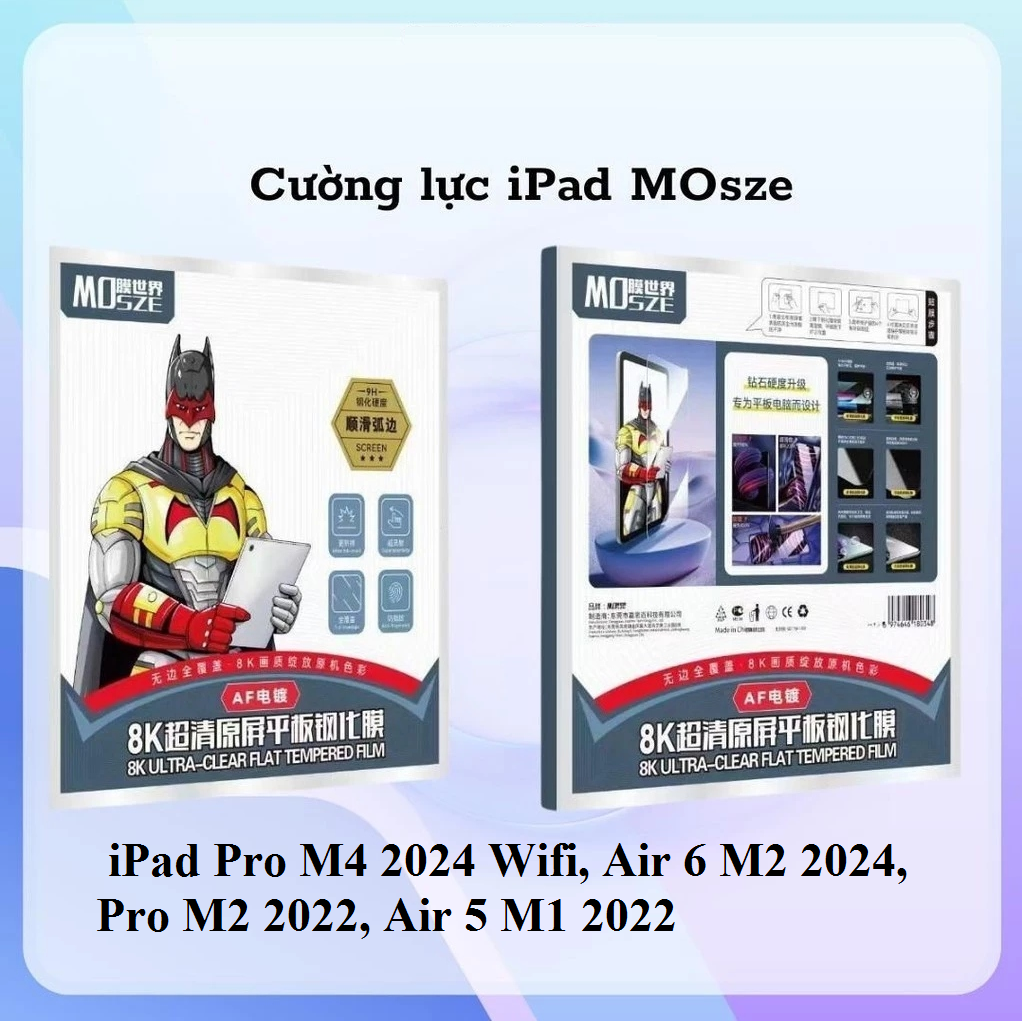 Miếng Dán Cường Lực Mosze IPad Pro M4 2024 Wifi, Air 6 M2 2024, Pro M2 2022, Air 5 M1 2022