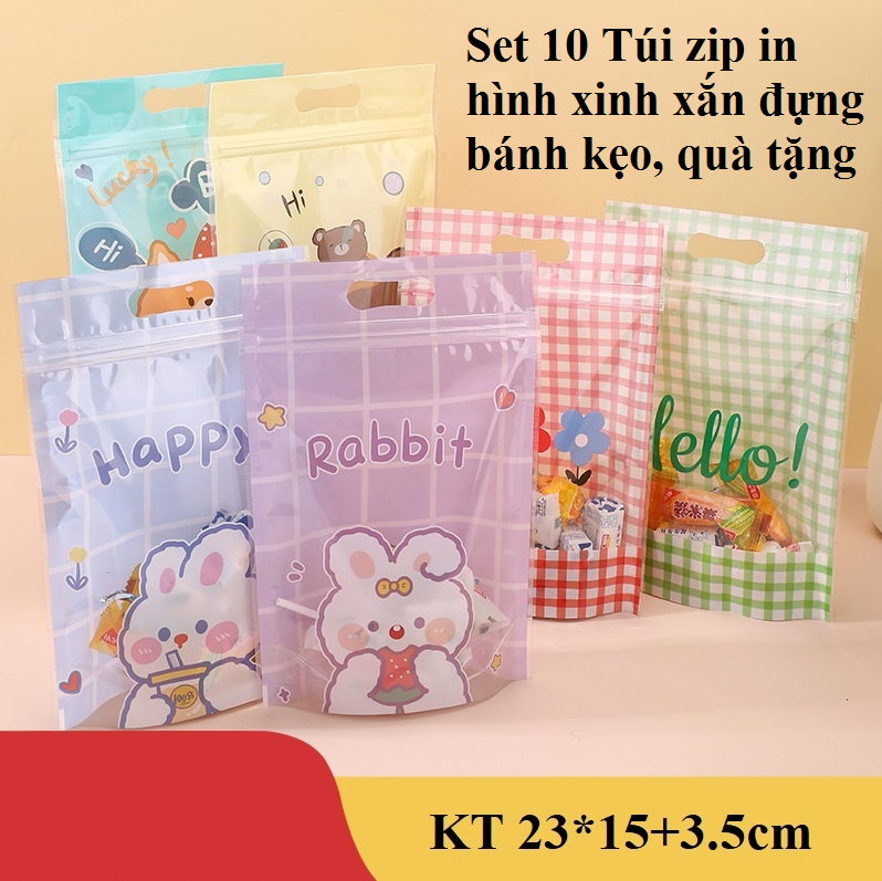 Set 10 Túi zip in hình xinh xắn đựng bánh kẹo, quà tặng