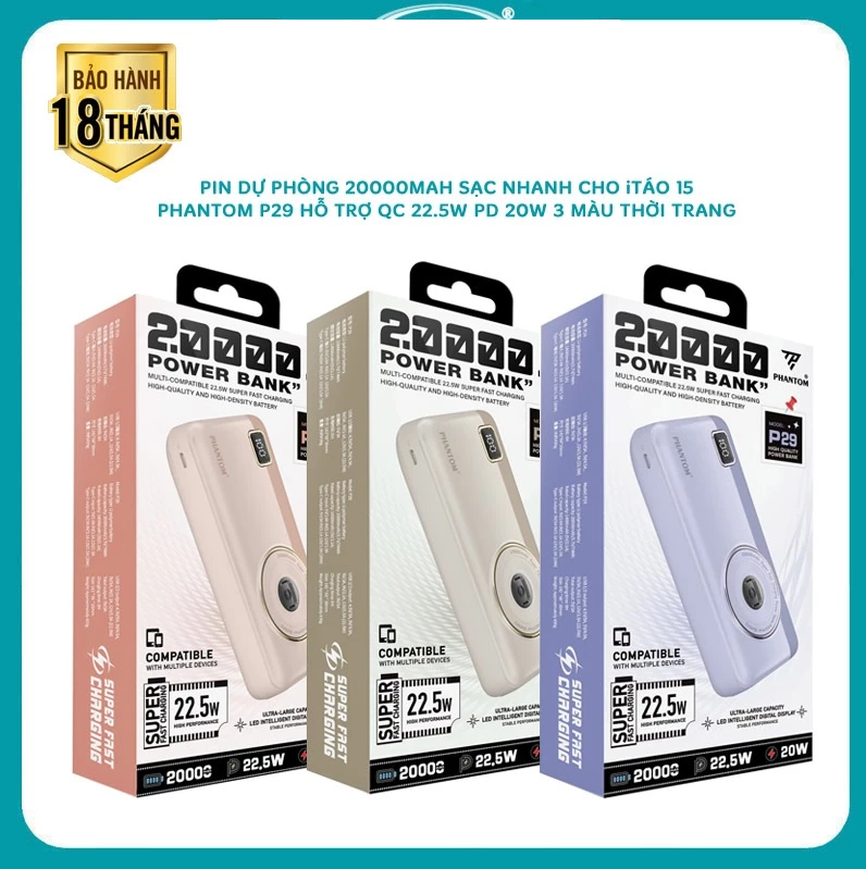 Pin Dự Phòng 22.5W Phantom P29 20.000mah