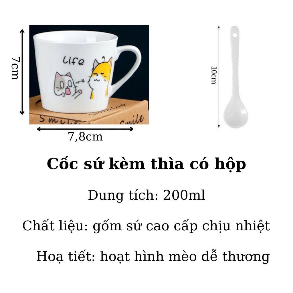 Cốc/ Ly Sứ Họa Tiết Hình Mèo 200ml Kèm Thìa Trang Trí