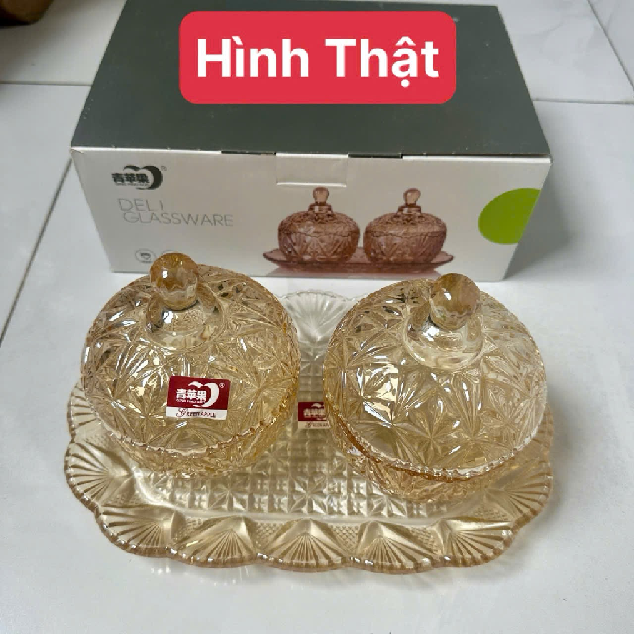 Bộ Khay 2 Thố Thủy Tinh Vàng TG1060 (đựng Mứt, Bánh Kẹo)