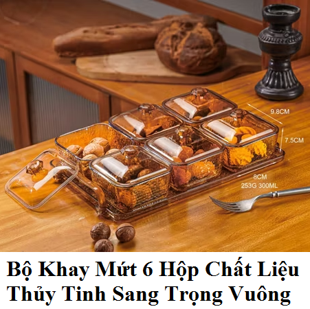 Bộ Khay Mứt 6 Hộp Chất Liệu Thủy Tinh Sang Trọng Vuông (Vàng)