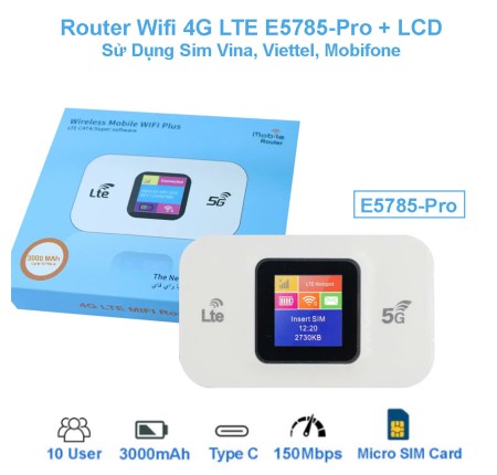 Router wifi 4G LTE E5785-Pro Tốc Độ 150Mbps-10 Users-3000mAh