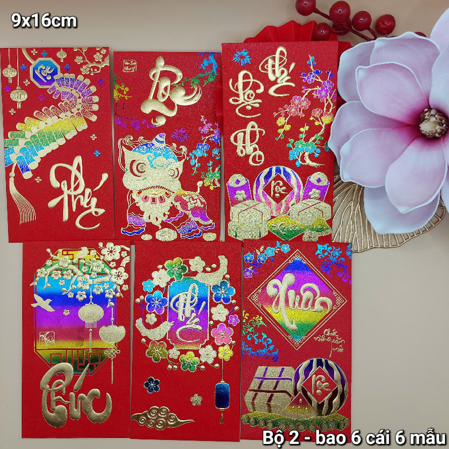 Set 6 Bao Lì Xì Màn Kim Tuyến ép Kim Ngũ Sắc