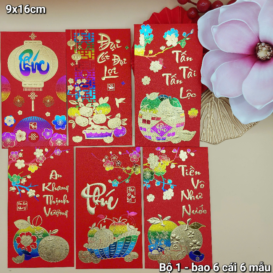 Set 6 Bao Lì Xì Màn Kim Tuyến ép Kim Ngũ Sắc