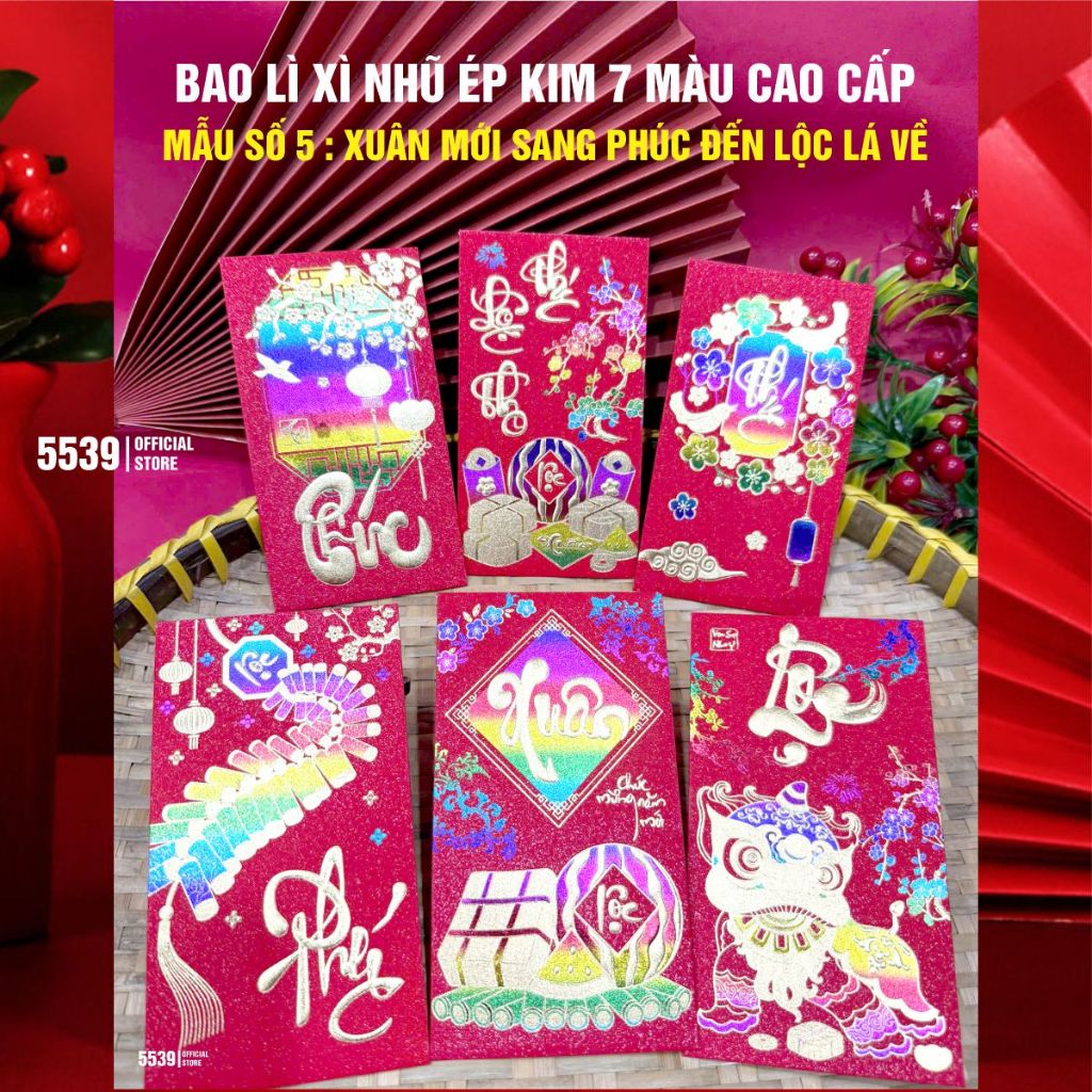 Set 6 Bao Lì Xì Màn Kim Tuyến ép Kim Ngũ Sắc