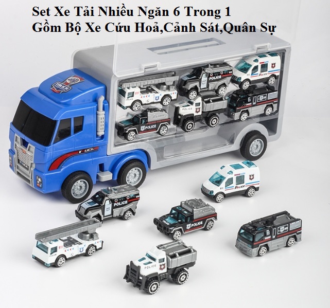 Set Xe Tải Nhiều Ngăn 6 Trong 1 Gồm Bộ Xe Cứu Hoả,Cảnh Sát,Quân Sự